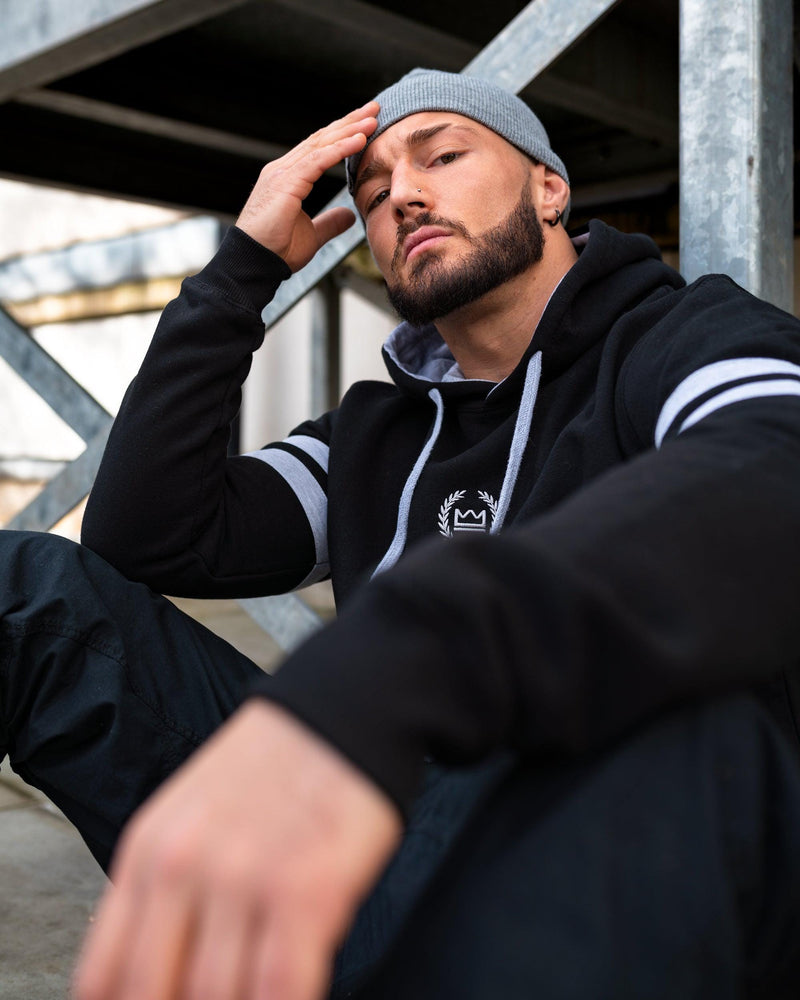 LUX SPORT - Active Streetwear Mens Hoodies & Jackets Striped Sleeve Pullover Hoodie - Black/Grey