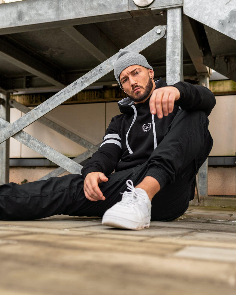 LUX SPORT - Active Streetwear Mens Hoodies & Jackets Striped Sleeve Pullover Hoodie - Black/Grey