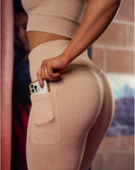 LUX SPORT - Active Streetwear Womens Leggings Ribbed Seamless Leggings - Nude